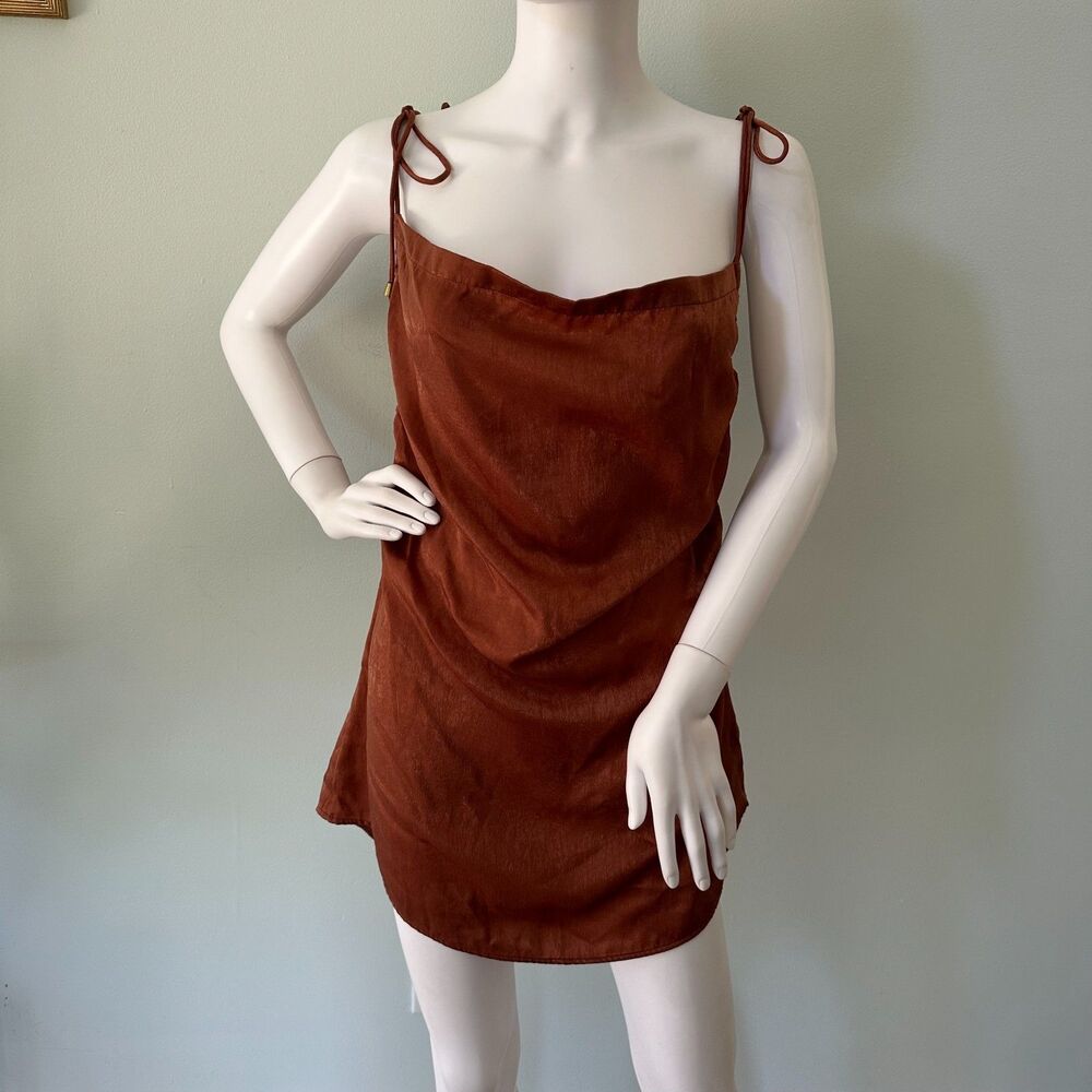 NWT Free People Rust Brown Satin Cowl Neck Slip Mini Dress Size S Tie Straps